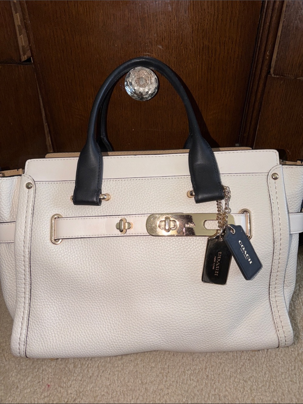 NWOT Coach cream with black Leather carryall